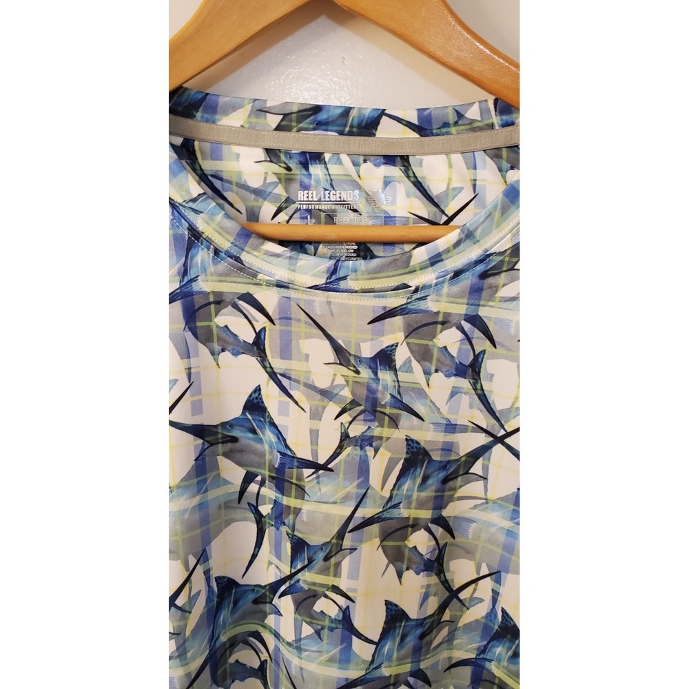 Reel Legends Fishing Shirt L Tarpon Print on Plaid White Blue Green Long Sleeve - Picture 6 of 7